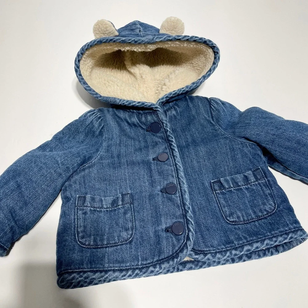 Gap Baby Bear Ear Denim Jacket Sherpa Borg Lined Blue Hooded Coat 0-6 Months